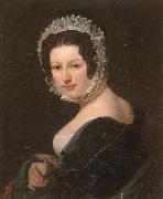 unknow artist Portrait of a young lady,half-length,wearing a black dress,with a green mantle,and a lace bonnet oil painting